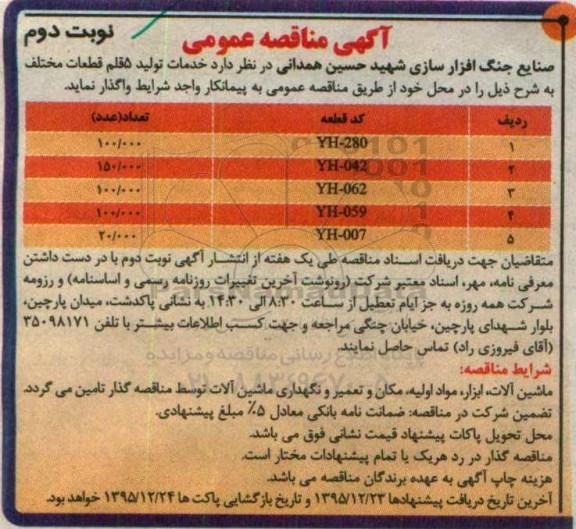 مناقصه ، مناقصه خدمات تولید 5 قلم قطعات مختلف  نوبت دوم 