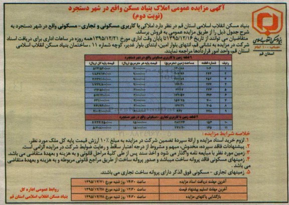 مزایده,مزایده فروش املاک مسکونی تجاری شهر دستجرد نوبت دوم