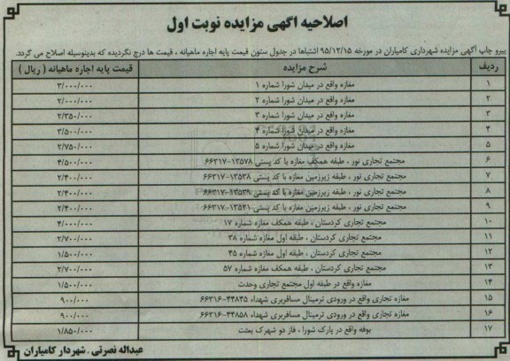 اصلاحیه آگهی مزایده , مزایده واگذاری مغازه اصلاحیه