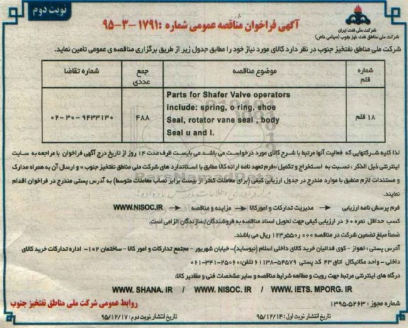 آگهی فراخوان مناقصه عمومی, مناقصه parts for shafer valve operators نوبت دوم