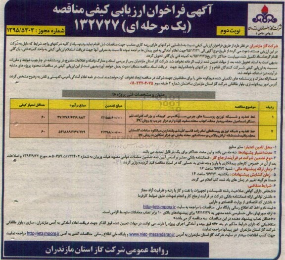 آگهی فراخوان ارزیابی کیفی مناقصه یک مرحله ای , فراخوان خط تغذیه و شبکه توزیع روستاهای....نوبت دوم