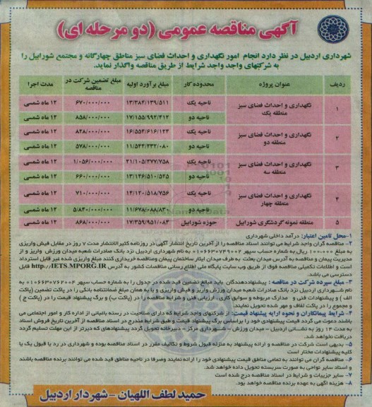 آگهی مناقصه عمومی, مناقصه انجام امور نگهداری و احداث فضای سبز