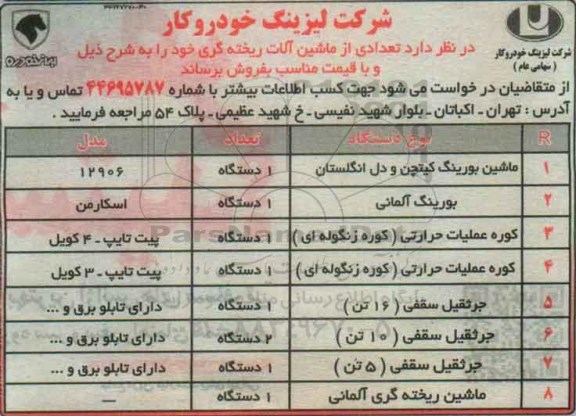 آگهی مزایده,مزایده فروش ماشین آلات ریخته گری