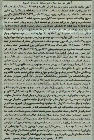 مزایده,مزایده ششدانگ اپارتمان به مساحت 56.70متر