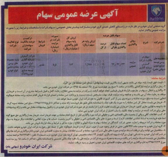 مزایده سهام در مالکیت شرکت گسترش سرمایه گذاری ایران خودرو