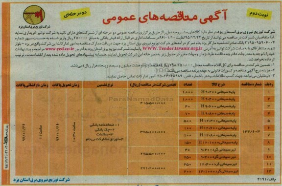 آگهی مناقصه های عمومی دو مرحله ای, مناقصه پایه سیمانی H9*200*- نوبت دوم