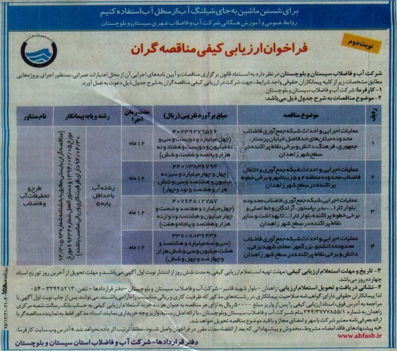 فراخوان ارزیابی کیفی مناقصه گران, مناقصه عملیات اجرایی و احداث شبکه جمع آوری فاضلاب نوبت دوم 