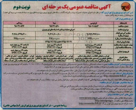 مناقصه , مناقصه اجرای عملیات تعمیرات پیشگیرانه P شبکه های توزیع نیروی برق- نوبت دوم