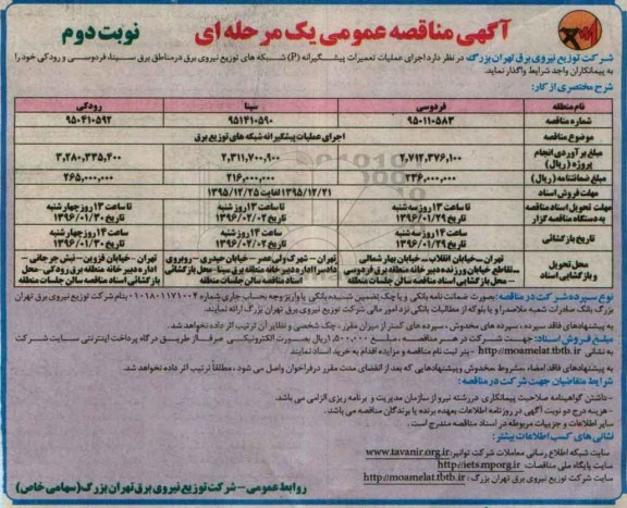 مناقصه , مناقصه  اجرای عملیات تعمیرات پیشگیرانه P شبکه های توزیع نیروی برق- نوبت دوم 