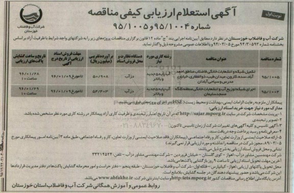 ارزیابی کیفی تکمیل و اجرای شبکه توزیع آب و انشعابات خانگی نوبت اول