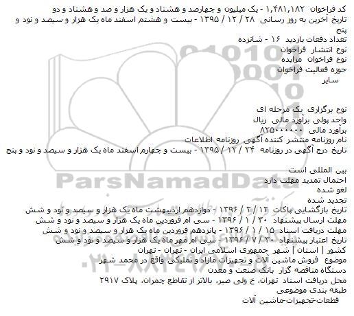 مزایده فروش ماشین آلات و تجهیزات مازاد و تملیکی واقع در محمد شهر    