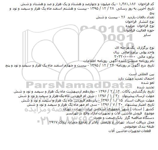 مزایده فروش ماشین آلات و تجهیزات مازاد واقع در تهرانسر