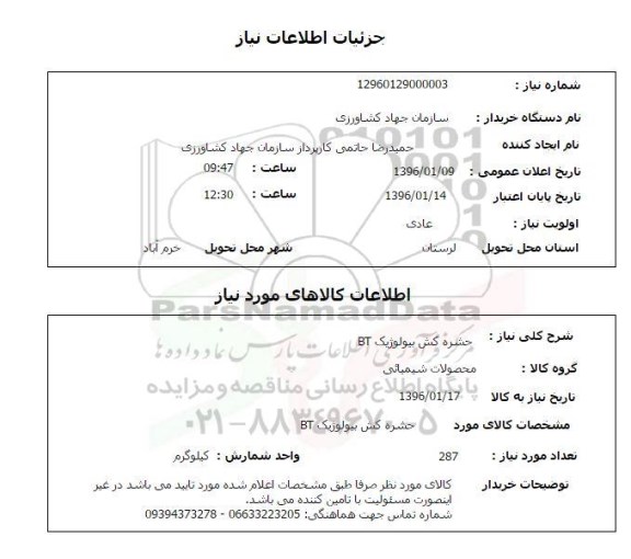 استعلام , استعلام حشره کش بیولوژیک BT