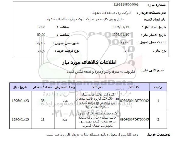 استعلام , استعلام انکربولت به همراه واشر