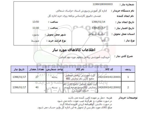 استعلام , استعلام خرید کیت آموزشی ریاضی و علوم دوره دوم ابتدایی