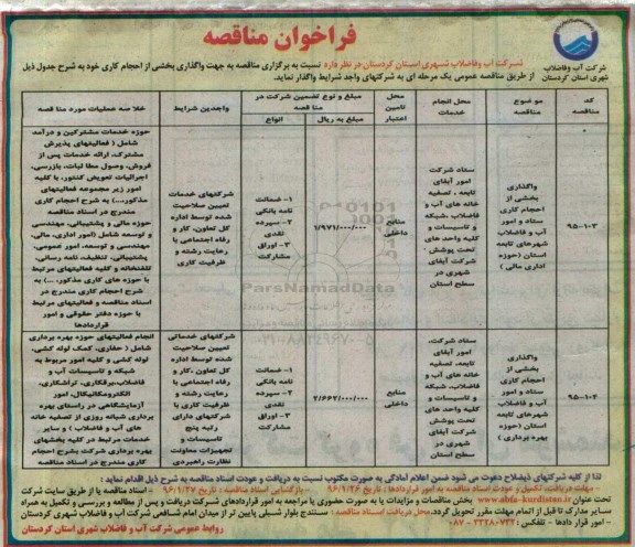 فراخوان مناقصه, مناقصه واگذاری بخشی از احجام کاری ستاد و امور آب و فاضلاب 