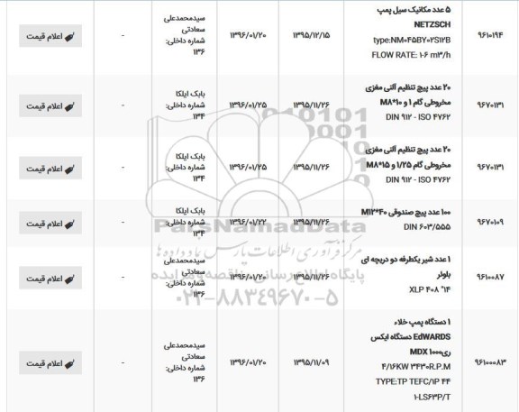 استعلام , استعلام 5 عدد مکانیک سیل پمپ NETZSCH و....