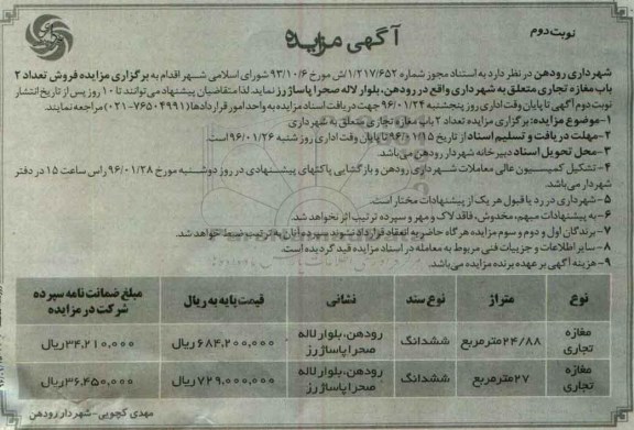 مزایده,مزایده فروش تعداد دو باب مغازه تجاری 24.88 و 27متر نوبت دوم