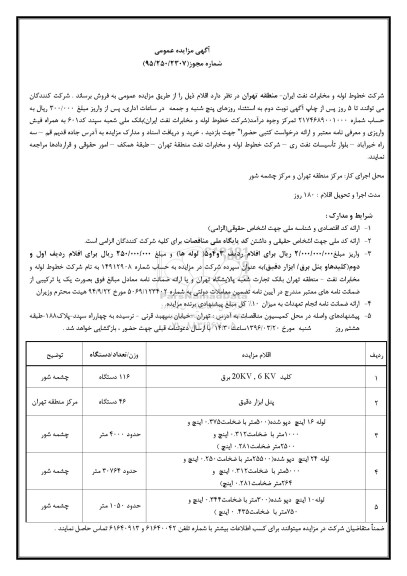 آگهی مزایده عمومی , مزایده عمومی کلید برق ، پنل ابزار دقیق و ...