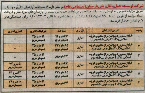 مزایده,مزایده 6 دستگاه آپارتمان اداری 