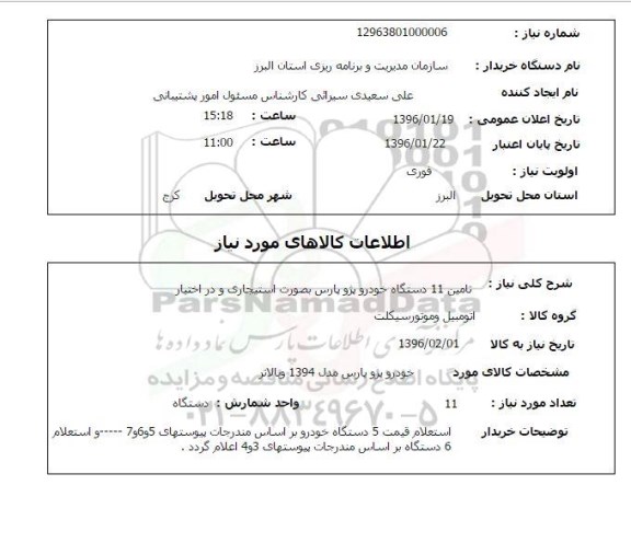 استعلام تامین 11 دستگاه خودروی پژو پارس