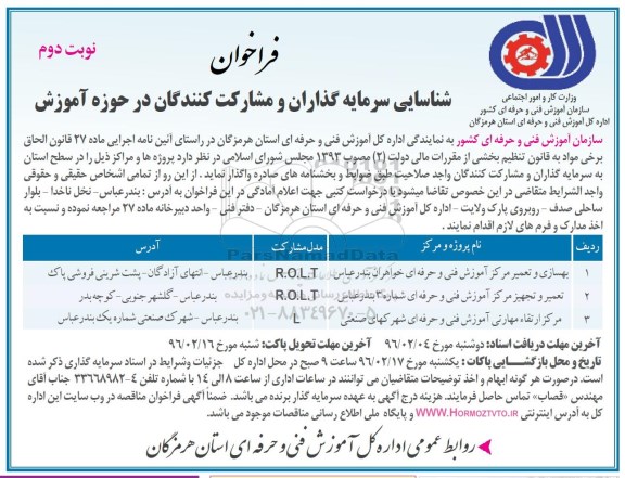 فراخوان شناسایی ,فراخوان شناسایی بهسازی و تعمیر مرکز اموزشی فنی نوبت دوم