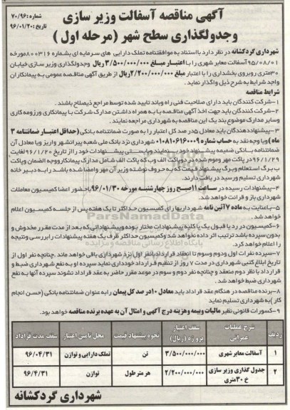 آگهی مناقصه , مناقصه آسفالت و زیرسازی و جدولگذاری سطح شهر