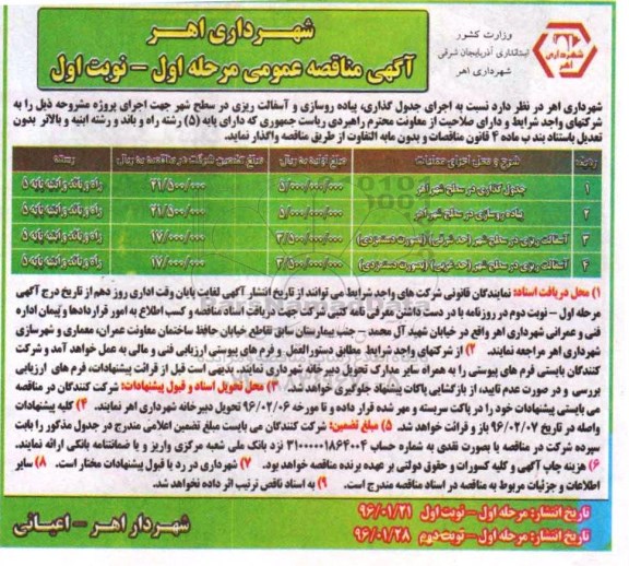 مناقصه جدولگذاری در سطح شهر اهر و ...