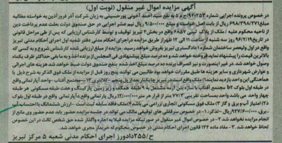 مزایده,مزایده ملک مساحت تقریبی 77.3متر نوبت اول