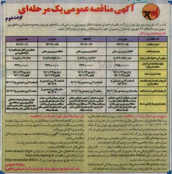 آگهی مناقصه عمومی یک مرحله ای, مناقصه اجرای عملیات انتقال نیرو و برق رسانی شبکه های توزیع نوبت دوم 