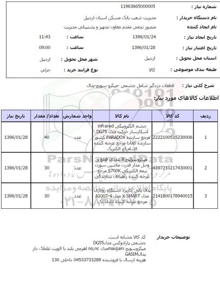 استعلام قطعات دزدگیر شامل چشمی - میکروسوییچ - پدال