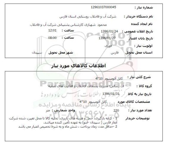 استعلام کابل آلومینیوم 10*4