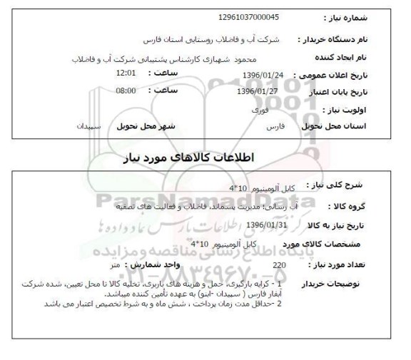 استعلام  کابل آلومینیوم 10*4  