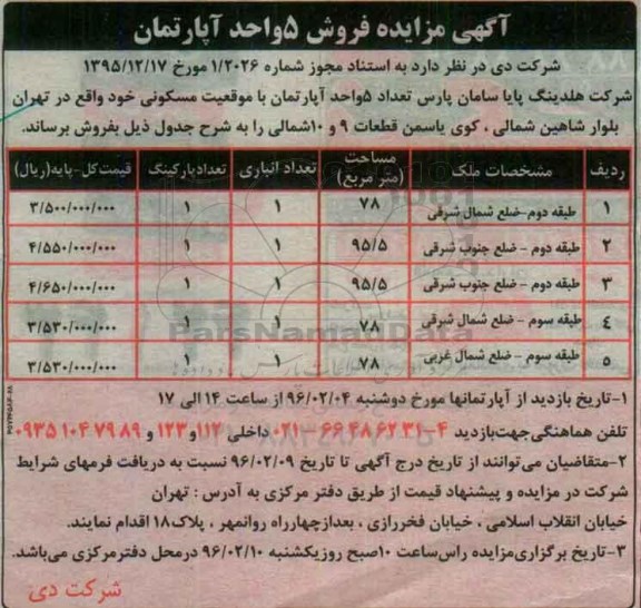 مزایده,مزایده فروش تعداد 5 واحد آپارتمان مسکونی