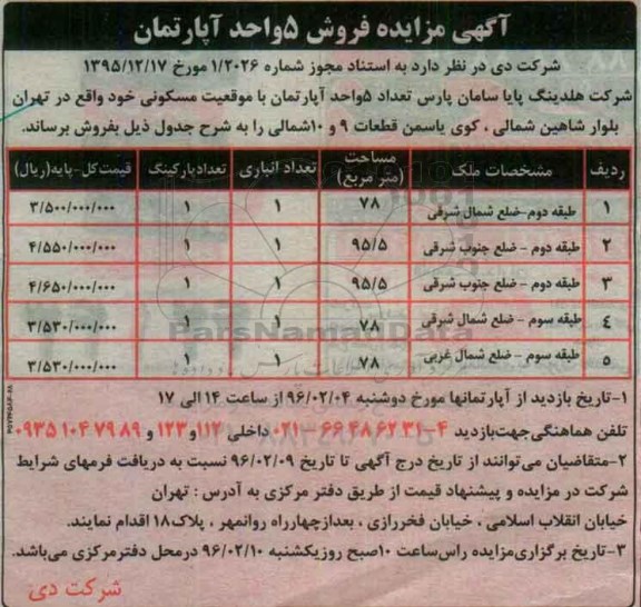 مزایده,مزایده فروش تعداد 5 واحد آپارتمان مسکونی