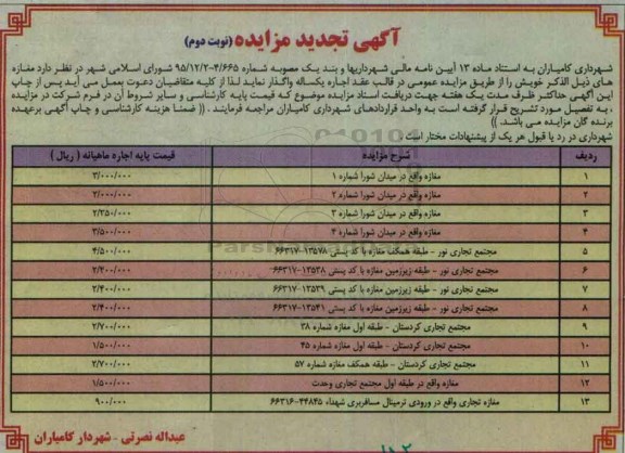 مزایده,مزایده واگذاری مغازه تجدید- نوبت دوم