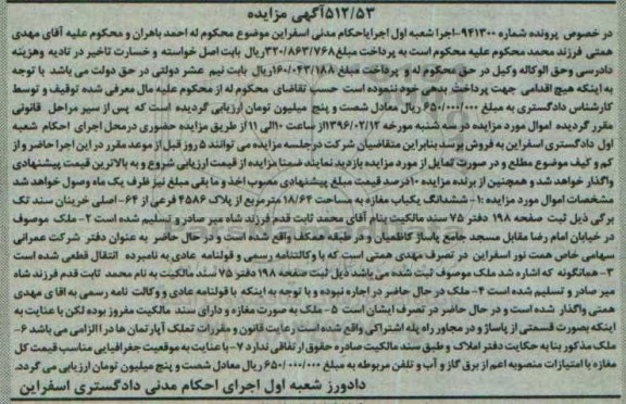 مزایده,مزایده ششدانگ مغازه به مساحت 18.64متر