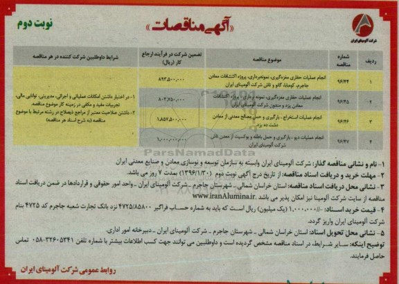 آگهی مناقصات, مناقصه انجام عملیات حفاری مغزه گیری، نمونه برداری و ...نوبت دوم