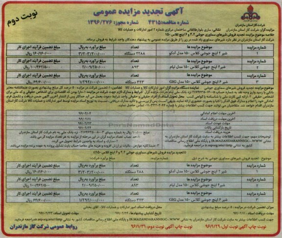 آگهی تجدید مزایده عمومی , مزایده فروش شیرهای سماوری جوشی 2، 4 و 6 اینچ کلاس 150 تجدید نوبت دوم