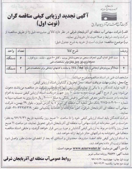 آگهی تجدید ارزیابی کیفی مناقصه گران ,تجدید ارزیابی کیفی ست کامل انداه گیری انحراف سنجی و ... - نوبت اول