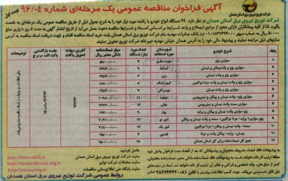 آگهی فراخوان مناقصه عمومی یک مرحله ای,فراخوان99 دستگاه انواع خودرو با راننده