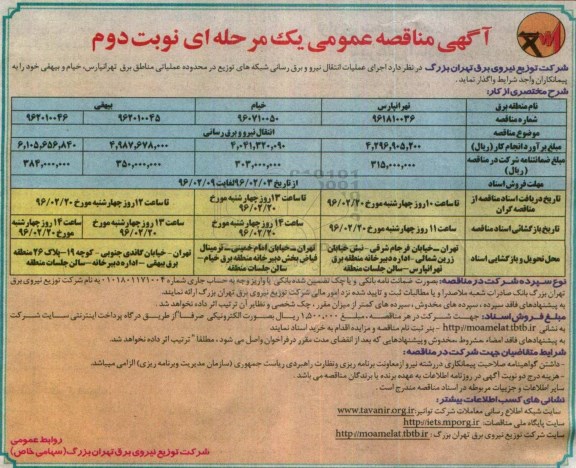 آگهی مناقصه عمومی یک مرحله ای, مناقصه اجرای عملیات انتقال نیرو و برق رسانی شبکه های توزیع نوبت دوم