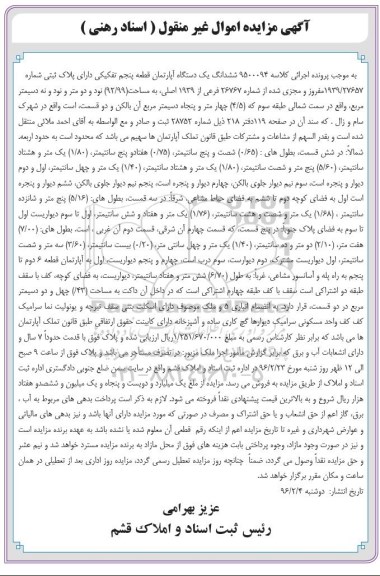 مزایده,مزایده ششدانگ اپارتمان قطعه 5 تقکیکی