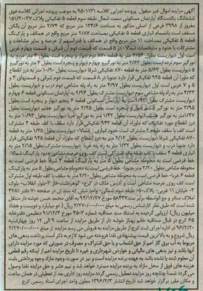 مزایده,مزایده ششدانگ اپارتمان مسکونی مساحت 134.6مترمربع