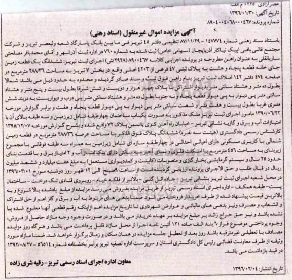 مزایده,مزایده ششدانگ زمین مساحت 288.36متر