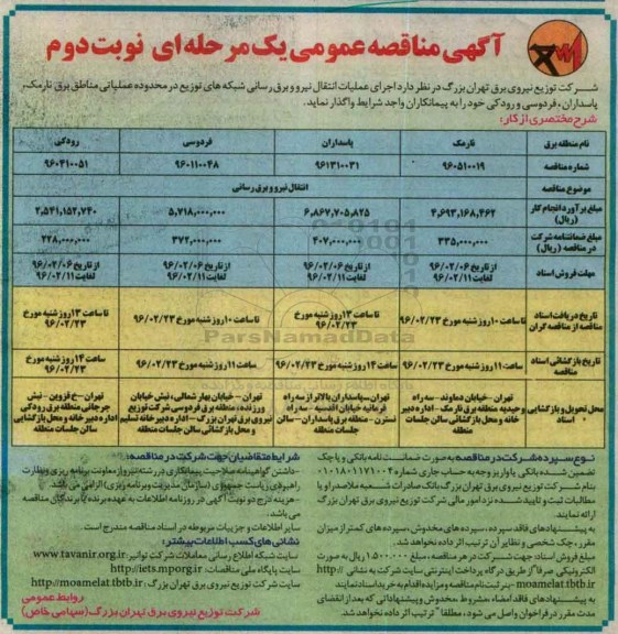 آگهی مناقصه عمومی, مناقصه اجرای عملیات انتقال نیرو و برق رسانی شبکه های توزیع نوبت دوم