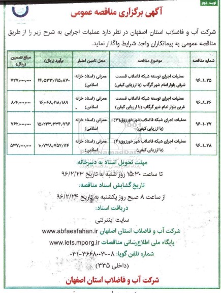 آگهی مناقصه , مناقصه عملیات اجرایی توسعه شبکه فاضلاب - نوبت دوم
