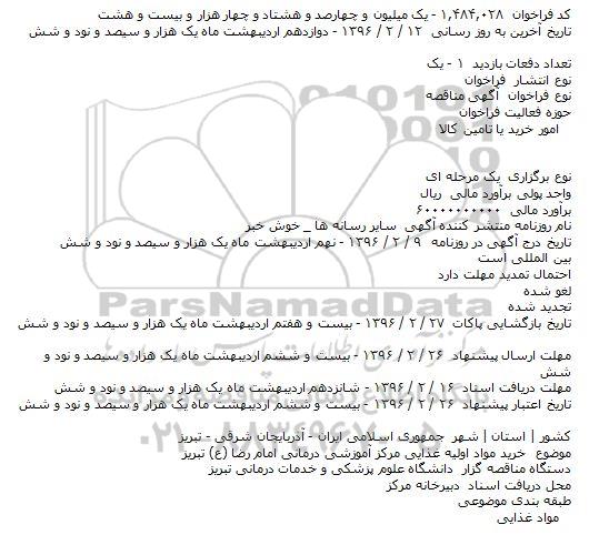 مناقصه خرید مواد اولیه غذایی مرکز آموزشی درمانی امام رضا (ع) تبریز