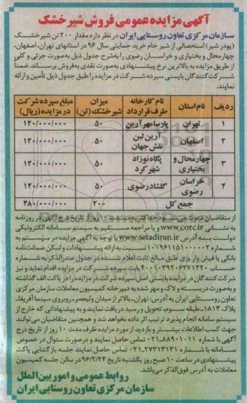 آگهی مزایده عمومی,مزایده فروش شیرخشک 