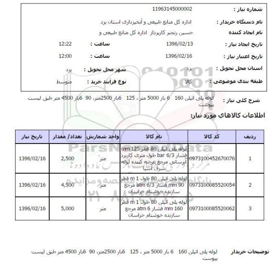 استعلام ,  استعلام لوله پلی اتیلن 80 قطر 125 mm فشار